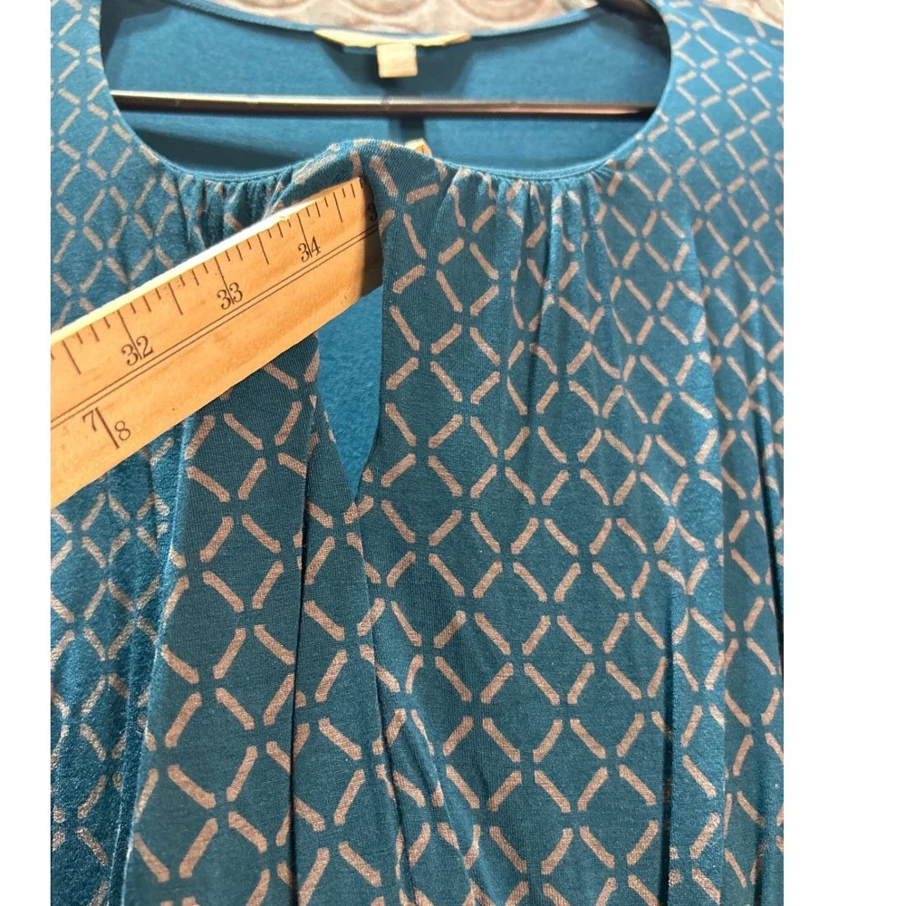 VTG Y2K Banana‎ Republic Teal Blue Geometric Print 3/4 Sleeve Ruched Top Size S